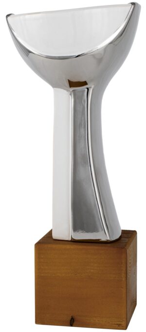 TROFEO CERAMICA PEDESTAL BLANCO Y PLATA. PEANA DE MADERA